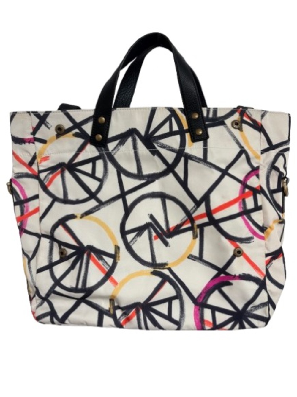 Fossil White Tote Bag with Black Handles and Multicolor Graphic Circles